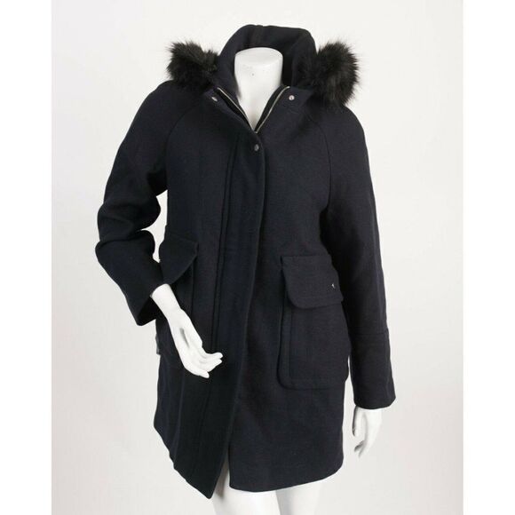 Zara Womens Navy Blue Wool Coat Jacket S Faux Fur - Picture 1 of 8